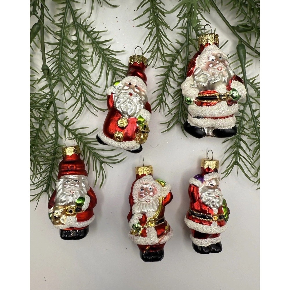 Set of 5 Glass Santa Ornaments Glitter Trim Hand Painted Holiday Heirlooms Style